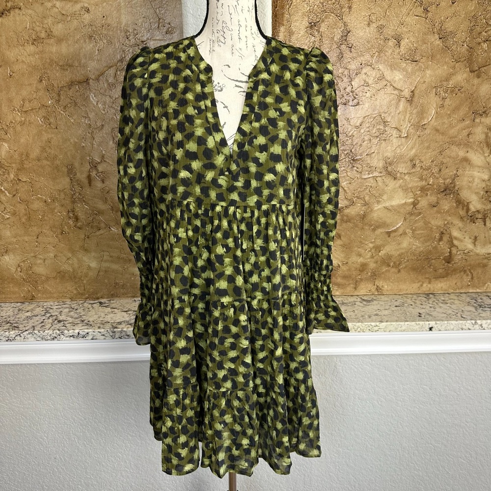 NWT Pomander Place‎ Kenzo Dress Brushed Geometric Smocked Cuff Green - Medium